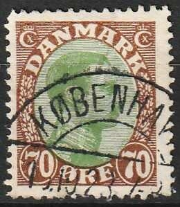 FRIMÆRKER DANMARK | 1918-20 - AFA 108 - Chr. X 70 øre brun/grøn - Pænt Stemplet